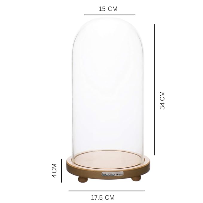 LABZIO Decorative Clear Borosilicate 3.3 glass Bell Jar, Display Case- round lacquered Wood base with small Wooden feet / Centerpiece, Tabletop Display