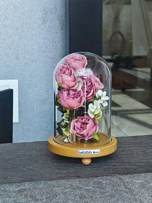 LABZIO Decorative Clear Borosilicate Glass Bell Jar with Round Lacquered Wood Base and Wooden Feet, Elegant Tabletop Display Case for Home Decor, Centerpiece, Office, Living Room, Unique Glass Jar Display