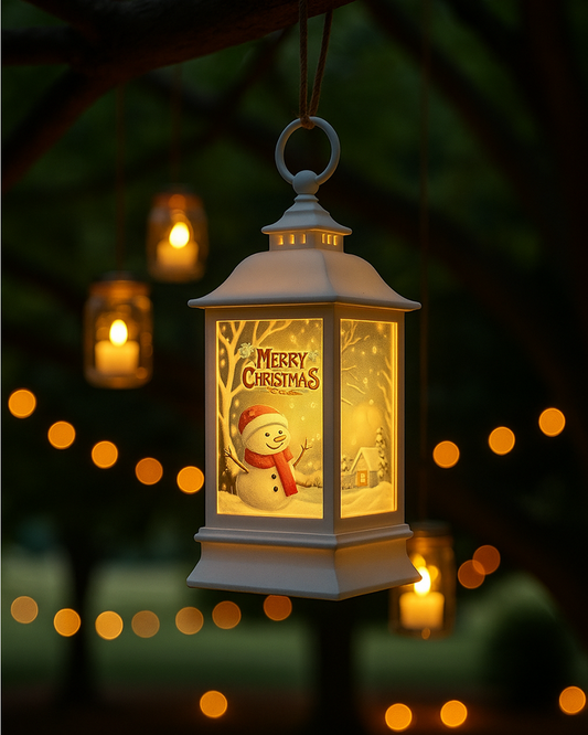 LABZIO Square Lantern Lamp Small Antique | Battery Operated LED Hanging Lantern for Indoor & Outdoor Use | Flameless & Smokeless Acrylic Tent Light | Snowman White 6X14 Cm
