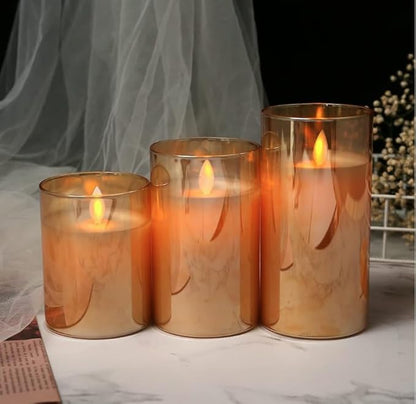 LABZIO Flameless Pillar Candles – Gold Acrylic Fibre Glass – Perfect for Home Decoration Elegant Home Decor for Living Room, Bedroom, and Dining Table - Set of 3