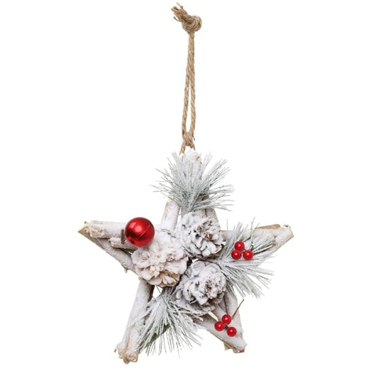 LABZIO Rustic Star-Shaped Christmas Tree Ornament - 6-Inch Wood and Pinecone Hanging Decoration with Snow-Dusted Red Berries & Pine Sprigs - Perfect for Holiday Tree & Home Decor