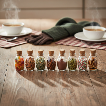 LABZIO Home - Borosilicate glass spice jars with cork stoppers, Ideal for DIY crafts, party favors, dry fruit gifting, chutneybottles, (Pack of 8) (110 ml each), Includes a funnel (80mm)