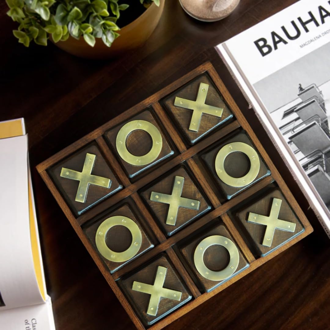 LABZIO Premium Wooden Tic-Tac-Toe Board Game | Handcrafted Board with 9 Brass Symbols | Classic Indoor Outdoor Party Toy for Kids & Adults | Fun Entertainment & Coffee Table Home Decor Set