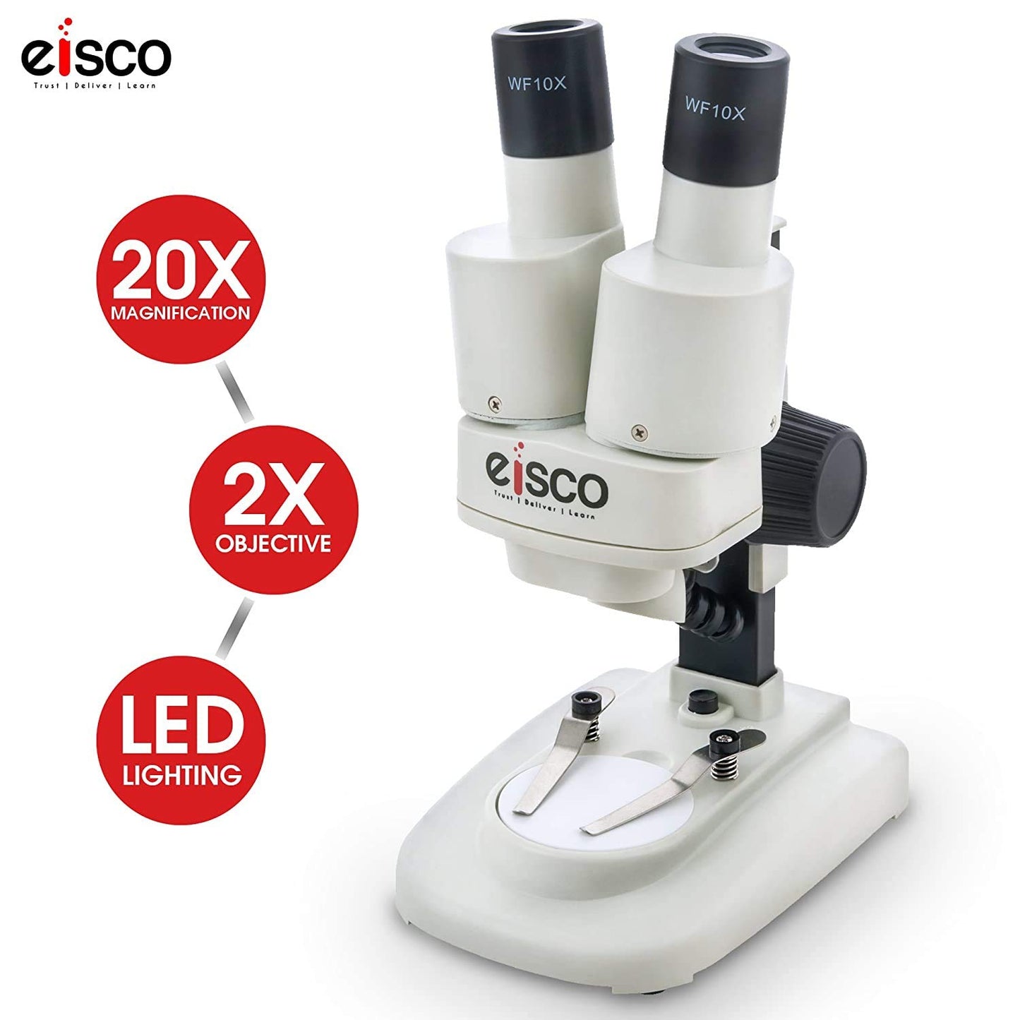 EISCO Stereo Binocular Microscope(mini), for Beginners, LED Light, White Stage, AA Battery Operated, Bilateral Coarse Focus, with Dustcover & Styrofoam Case