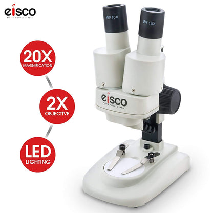 EISCO Stereo Binocular Microscope(mini), for Beginners, LED Light, White Stage, AA Battery Operated, Bilateral Coarse Focus, with Dustcover & Styrofoam Case