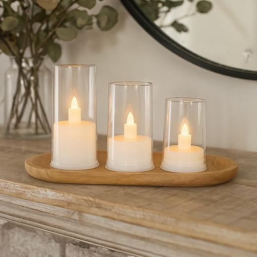 LABIO Set of 3 Gold Flameless LED Candle Lights | Acrylic Fiber Glass with Realistic Flickering Design | Seasonal Room & Home Decor for Gifting, Festivals, Anniversaries, Birthdays (7cm,9cm & 11cm)