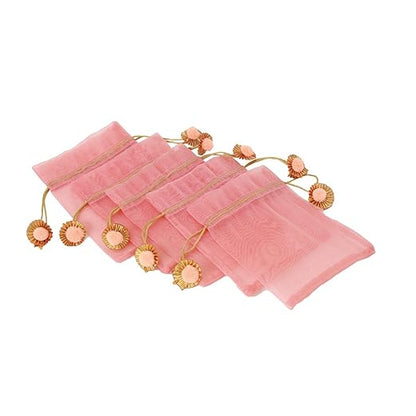 LABZIO Silk Organza Potli Bags for Return Gifts – 9x7 Inch Silk Gift Pouches with Drawstring & Flower Design, Wedding, Mehendi, Party Favor Bags, Jewelry Pouch - (Pack of 5)