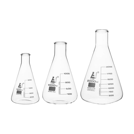 EISCO - Conical Flask, Erlenmeyer, Narrow Neck, 500 ml, 1000 ml & 2000 ml, Made of Borosilicate Glass 3.3, Graduated