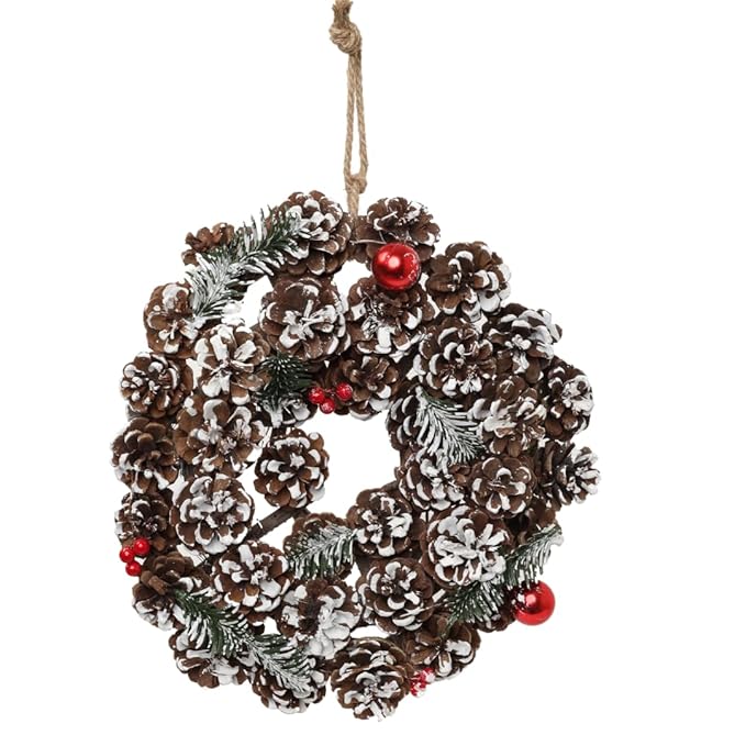 LABZIO Rustic Pinecone Christmas Tree Wreath - 12-Inch Decorative Winter Wreath with Snow-Dusted Red Berries & Greenery - Ideal for Front Door, Wall, or Christmas Tree Decor