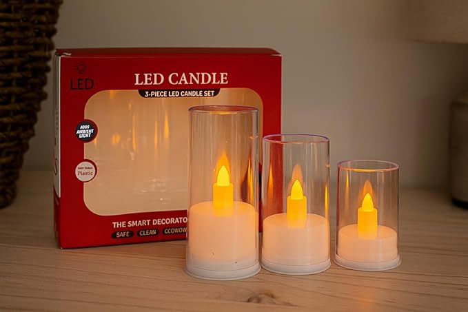 LABIO Set of 3 Gold Flameless LED Candle Lights | Acrylic Fiber Glass with Realistic Flickering Design | Seasonal Room & Home Decor for Gifting, Festivals, Anniversaries, Birthdays (7cm,9cm & 11cm)