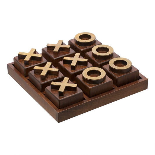 LABZIO Premium Wooden Tic-Tac-Toe Board Game | Handcrafted Board with 9 Brass Symbols | Classic Indoor Outdoor Party Toy for Kids & Adults | Fun Entertainment & Coffee Table Home Decor Set