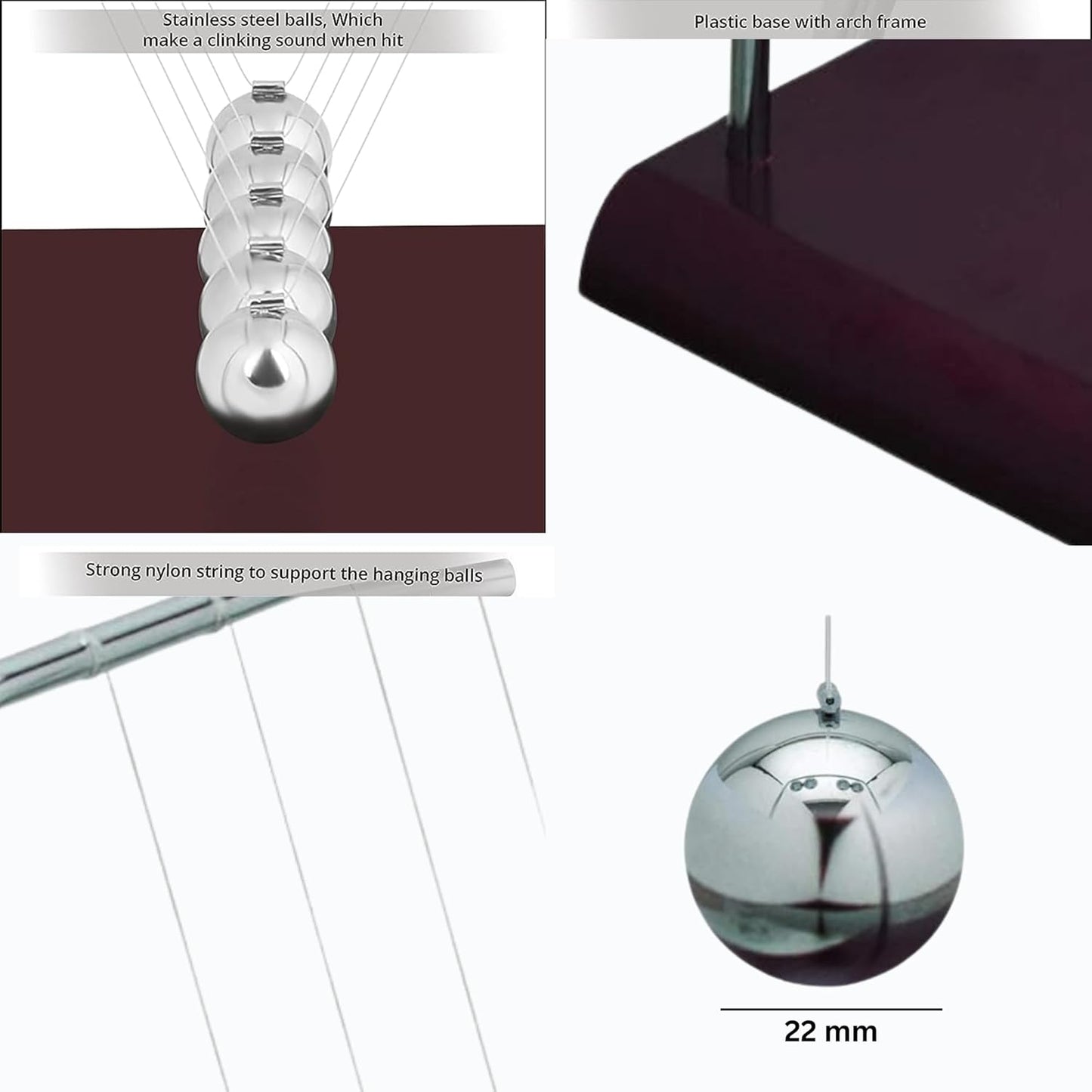 EISCO Newton's Cradle Desk Toy | Pendulum Balls Physics Experiment Set | Collision Ball | Wooden Base | Decor, Stress Relief & Educational Gift for Kids & Adults | 5 Steel Balls