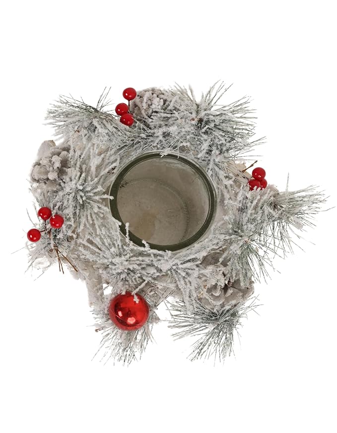 LABZIO Snow Frosted Christmas Tree Candle Holder Centerpiece - Pinecones, Berries & Glass Jar Rustic Decor for Tealights - Ideal for Christmas Tree Display