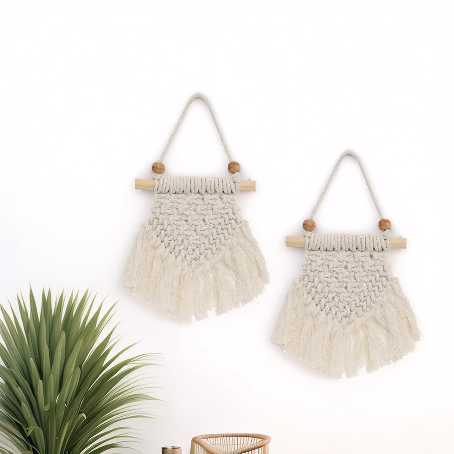 LABZIO Macrame Wall Hanging Set of 2 | Boho-Chic Woven Tapestry for Home Decor | Rustic Cotton Rope Art with Wooden Beads and Bamboo Stick | Perfect for Living Room, Bedroom