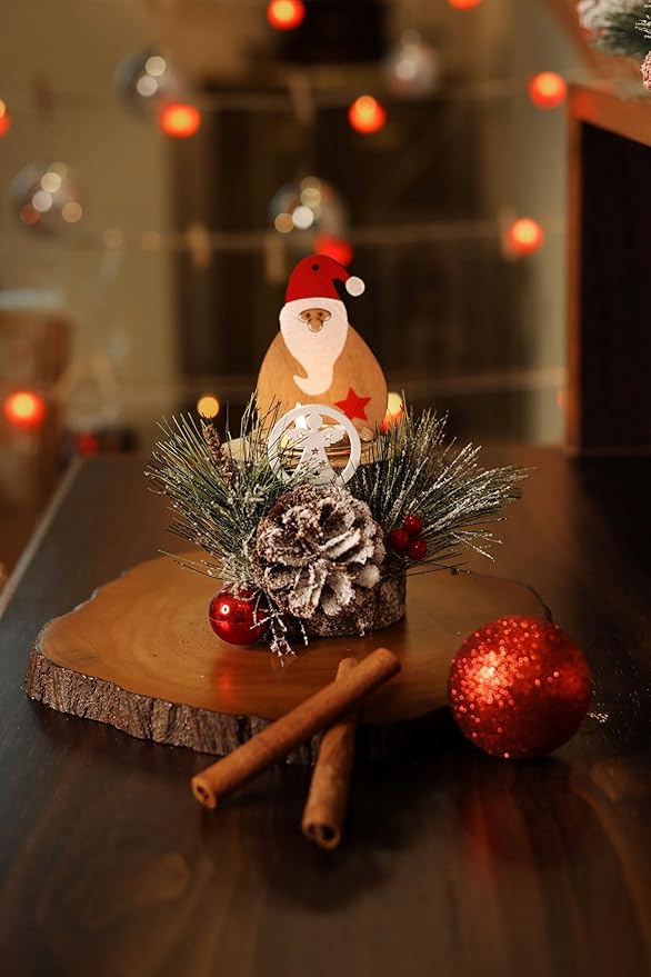 LABZIO Rustic Wooden Santa Claus Christmas Tree Candle Holder - Festive Tea Light Stand with Pinecones, Berries & Snowy Foliage - Holiday Home Decor Centerpiece