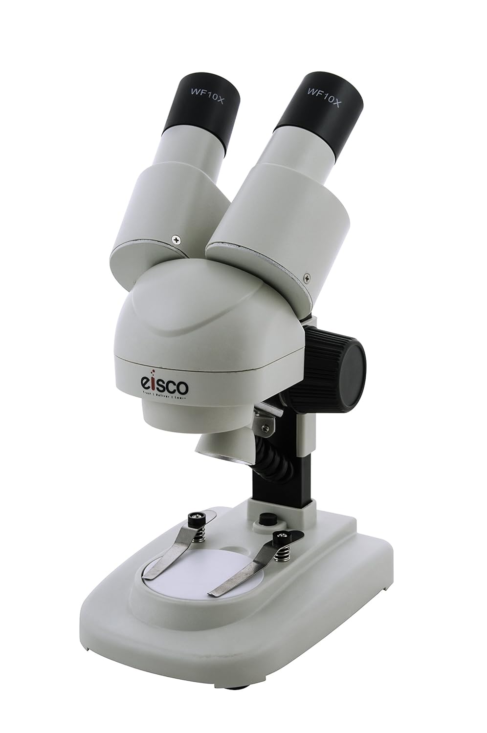 EISCO Stereo Binocular Microscope (mini) with 45° Inclined Head, LED Light, Reversible Black and White Stage, AA Battery Operated, Bilateral Coarse Focus, with Dustcover & Styrofoam Case