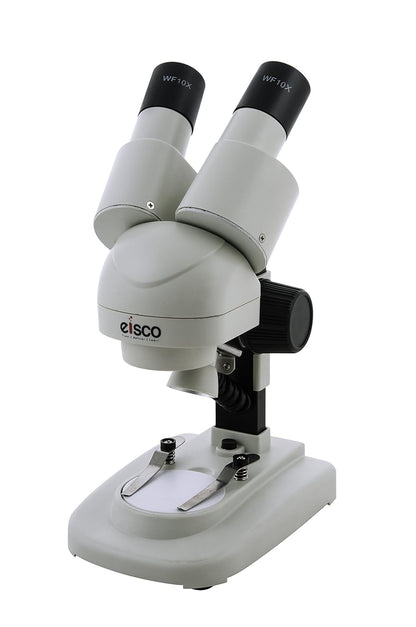 EISCO Stereo Binocular Microscope (mini) with 45° Inclined Head, LED Light, Reversible Black and White Stage, AA Battery Operated, Bilateral Coarse Focus, with Dustcover & Styrofoam Case