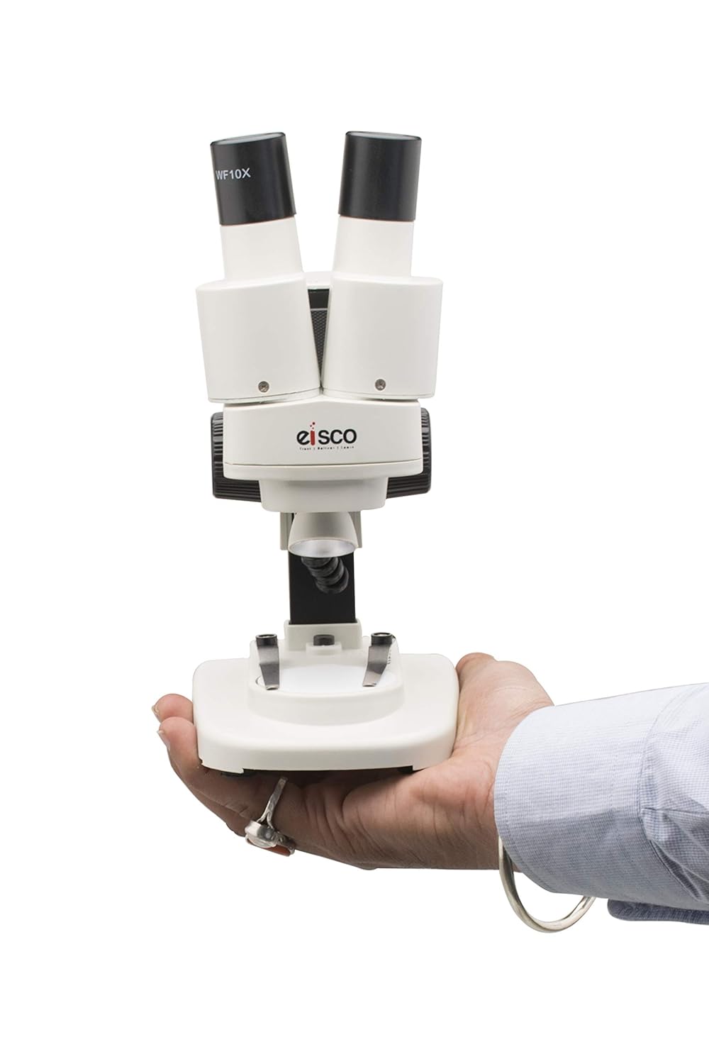 EISCO Stereo Binocular Microscope(mini), for Beginners, LED Light, White Stage, AA Battery Operated, Bilateral Coarse Focus, with Dustcover & Styrofoam Case