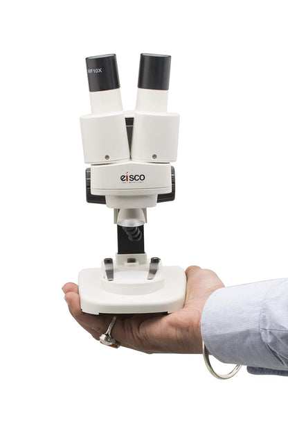 EISCO Stereo Binocular Microscope(mini), for Beginners, LED Light, White Stage, AA Battery Operated, Bilateral Coarse Focus, with Dustcover & Styrofoam Case