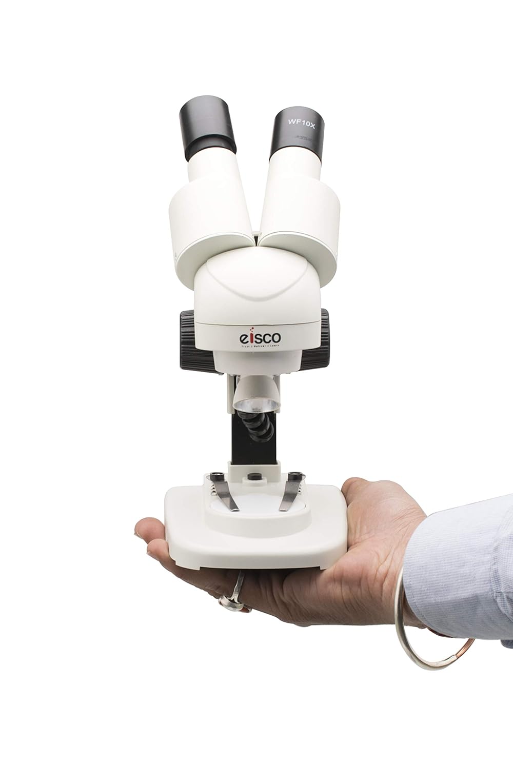 EISCO Stereo Binocular Microscope (mini) with 45° Inclined Head, LED Light, Reversible Black and White Stage, AA Battery Operated, Bilateral Coarse Focus, with Dustcover & Styrofoam Case