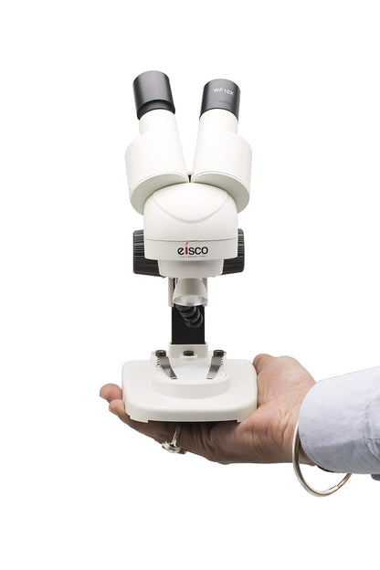 EISCO Stereo Binocular Microscope (mini) with 45° Inclined Head, LED Light, Reversible Black and White Stage, AA Battery Operated, Bilateral Coarse Focus, with Dustcover & Styrofoam Case