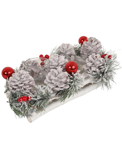 LABZIO Candle Holder Christmas Centerpiece - Snow Frosted Pinecones with Red Baubles & Berries - Wooden Base Table Decor for Christmas Tree Display, Tea Lights, or Votive Candles