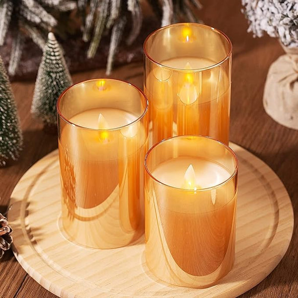 LABZIO Led Candles Glass Battery Operated Flameless Led Candles Warm White Flickering Light for Home Decoration (Set of 3)