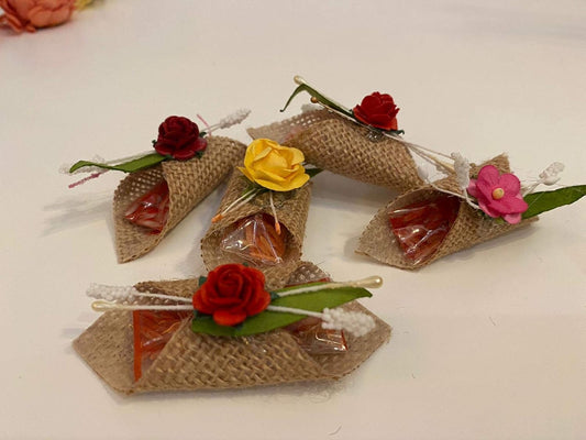 LABZIO Roli Chawal For Tikka — Handmade Jute Potli | Decorated With Beautiful Flower | Perfect For Rakhabandhan, Bhai Dooj And Other Occasion/Festivals | Pack Of 5