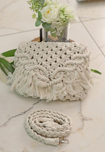 LABZIO Handcrafted Macrame Crossbody Bag with Fringe | Boho Chic 100% Cotton | Lightweight and Eco-Friendly | Available in Mint Green | Off-White | Blush Pink