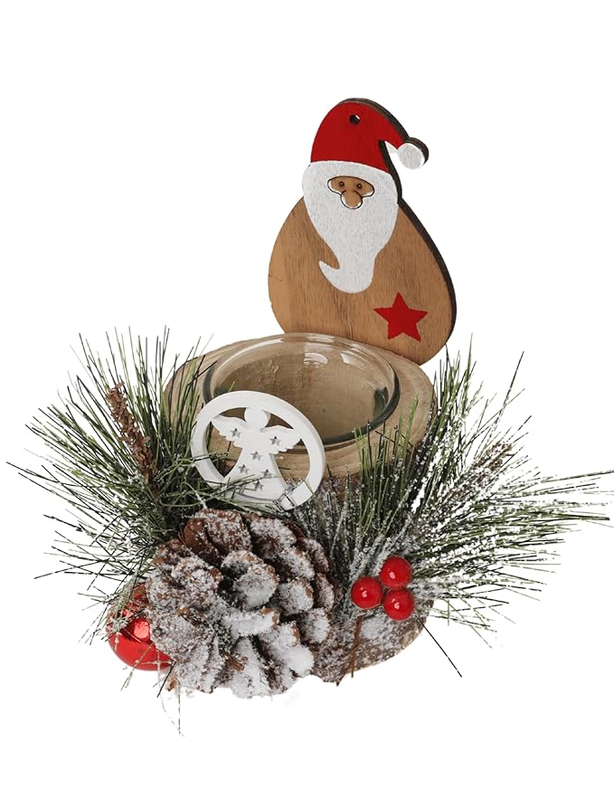 LABZIO Rustic Wooden Santa Claus Christmas Tree Candle Holder - Festive Tea Light Stand with Pinecones, Berries & Snowy Foliage - Holiday Home Decor Centerpiece