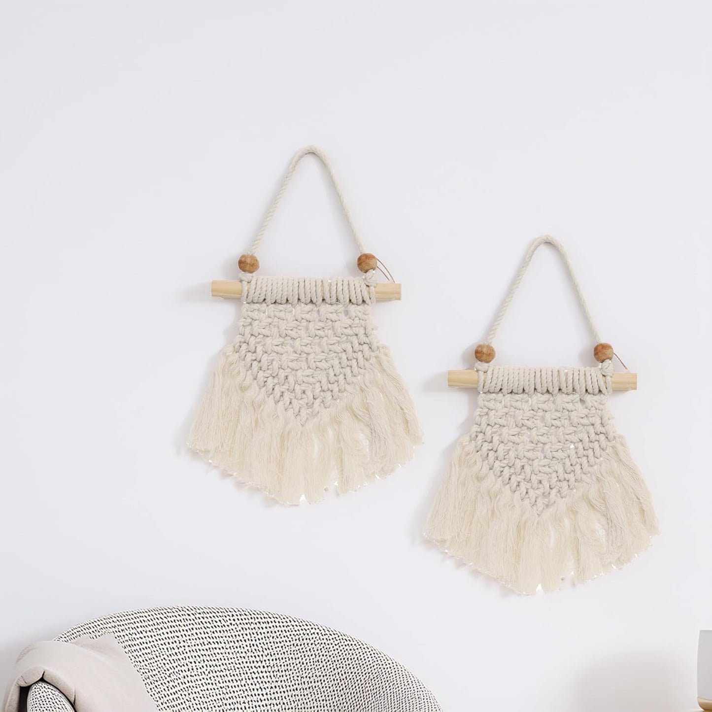 LABZIO Macrame Wall Hanging Set of 2 | Boho-Chic Woven Tapestry for Home Decor | Rustic Cotton Rope Art with Wooden Beads and Bamboo Stick | Perfect for Living Room, Bedroom