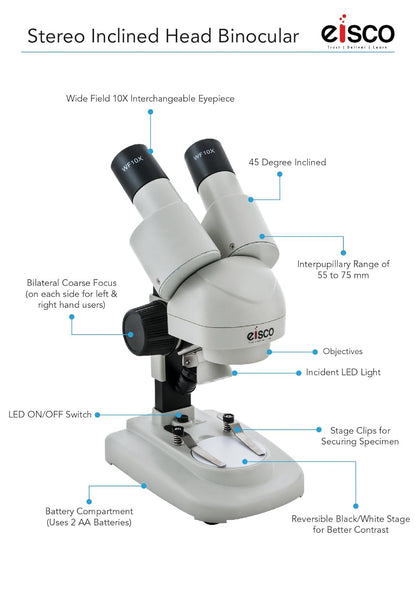 EISCO Stereo Binocular Microscope (mini) with 45° Inclined Head, LED Light, Reversible Black and White Stage, AA Battery Operated, Bilateral Coarse Focus, with Dustcover & Styrofoam Case