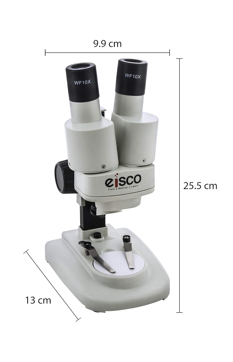 EISCO Stereo Binocular Microscope(mini), for Beginners, LED Light, White Stage, AA Battery Operated, Bilateral Coarse Focus, with Dustcover & Styrofoam Case