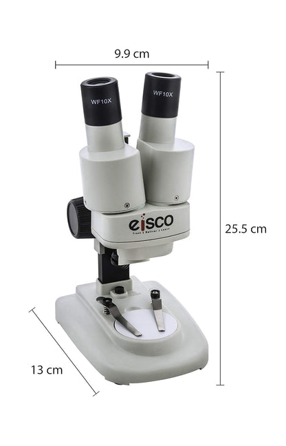 EISCO Stereo Binocular Microscope(mini), for Beginners, LED Light, White Stage, AA Battery Operated, Bilateral Coarse Focus, with Dustcover & Styrofoam Case