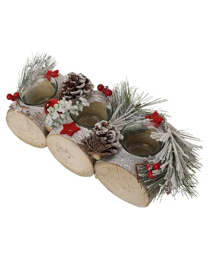 LABZIO Rustic Christmas Tree Candle Holder - 3-Tealight Log with Pinecones, Frosted Branches, Red Ornaments & Snow Effect - Festive Christmas Tree Table Centerpiece