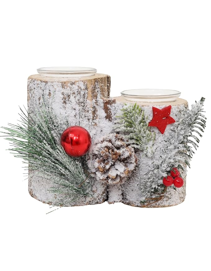 LABZIO Rustic Log Candle Holder with Winter Accents - Dual Tealight Holder with Pinecones, Faux Snow, Red Berries, and Evergreen Sprigs - Perfect for Holiday Table Centerpieces and Home Decor