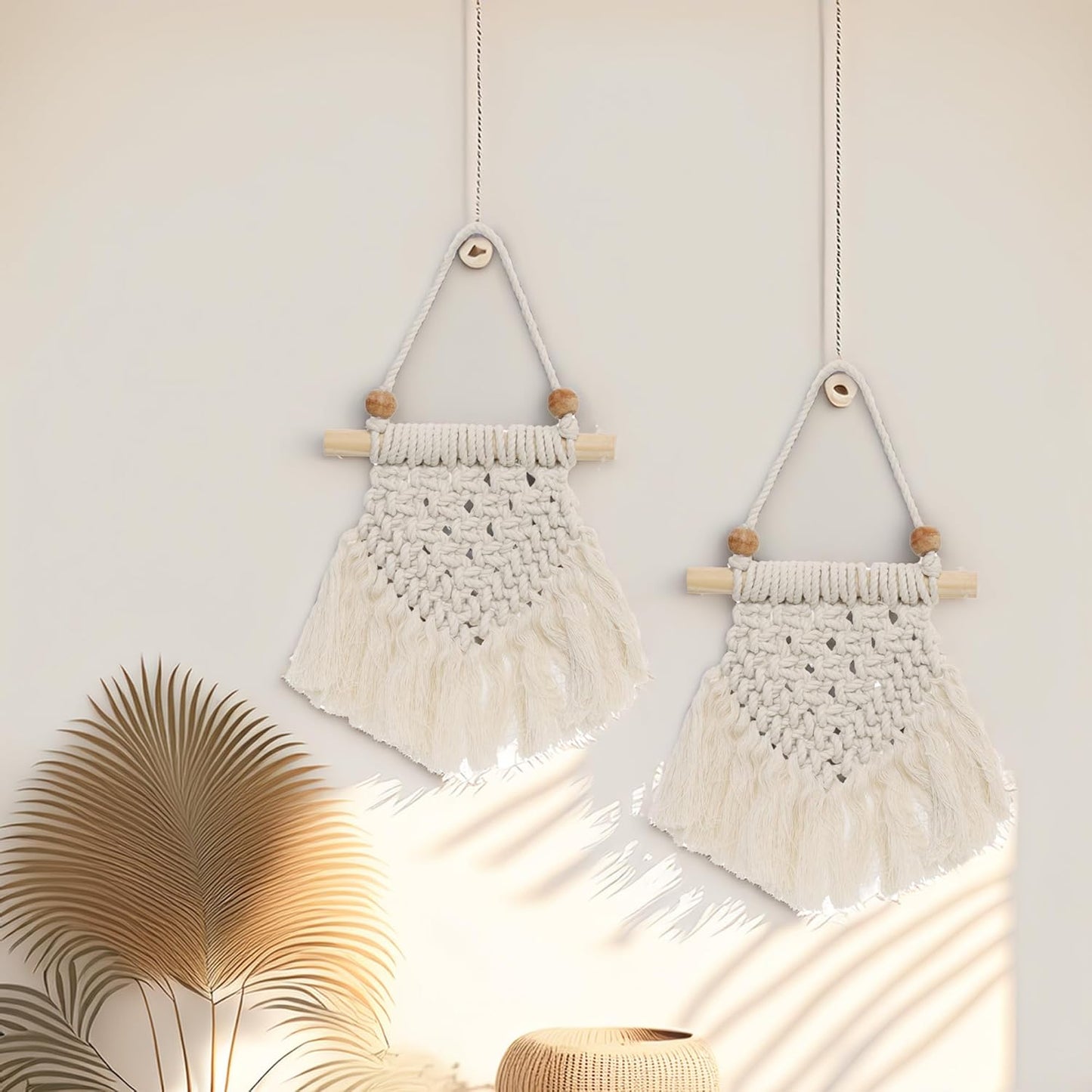 LABZIO Macrame Wall Hanging Set of 2 | Boho-Chic Woven Tapestry for Home Decor | Rustic Cotton Rope Art with Wooden Beads and Bamboo Stick | Perfect for Living Room, Bedroom