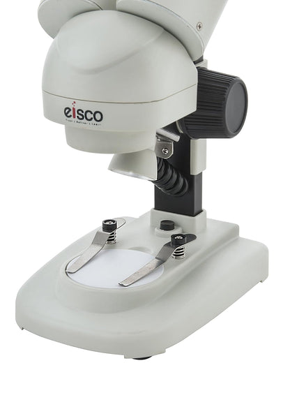 EISCO Stereo Binocular Microscope (mini) with 45° Inclined Head, LED Light, Reversible Black and White Stage, AA Battery Operated, Bilateral Coarse Focus, with Dustcover & Styrofoam Case