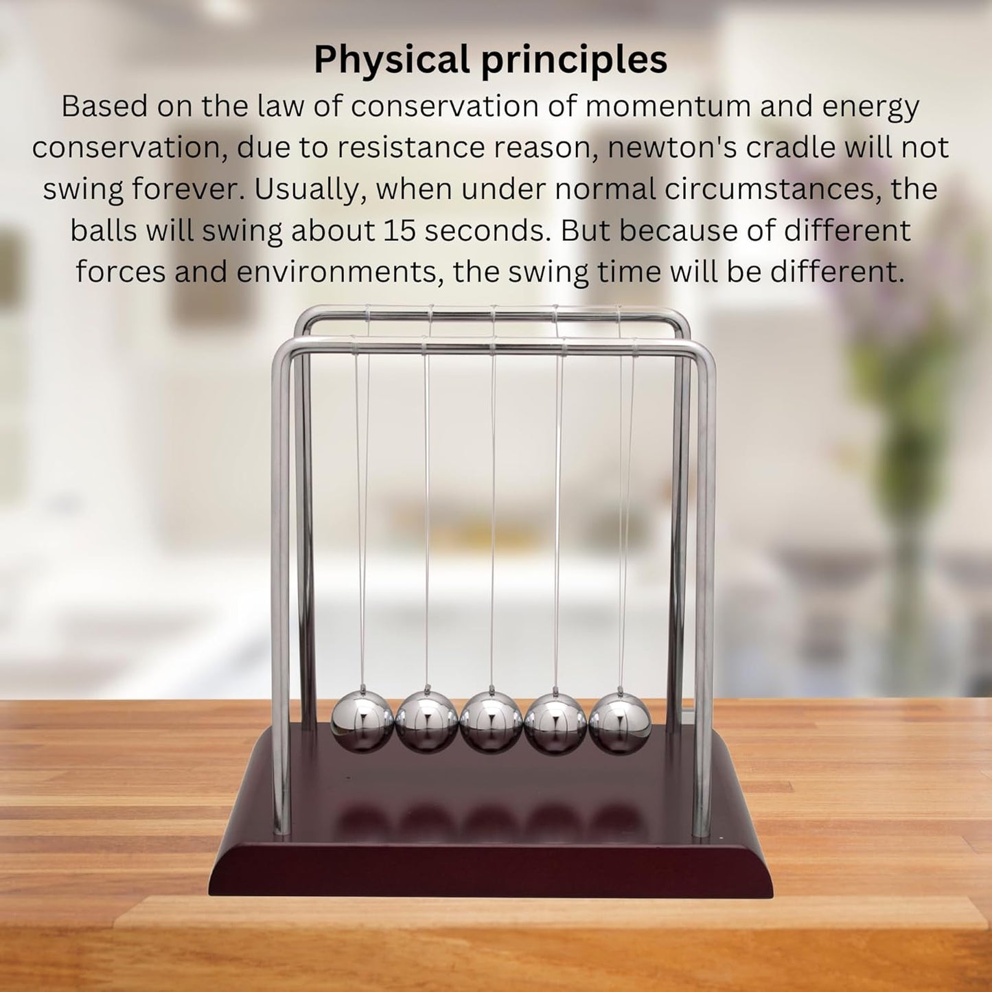 EISCO Newton's Cradle Desk Toy | Pendulum Balls Physics Experiment Set | Collision Ball | Wooden Base | Decor, Stress Relief & Educational Gift for Kids & Adults | 5 Steel Balls