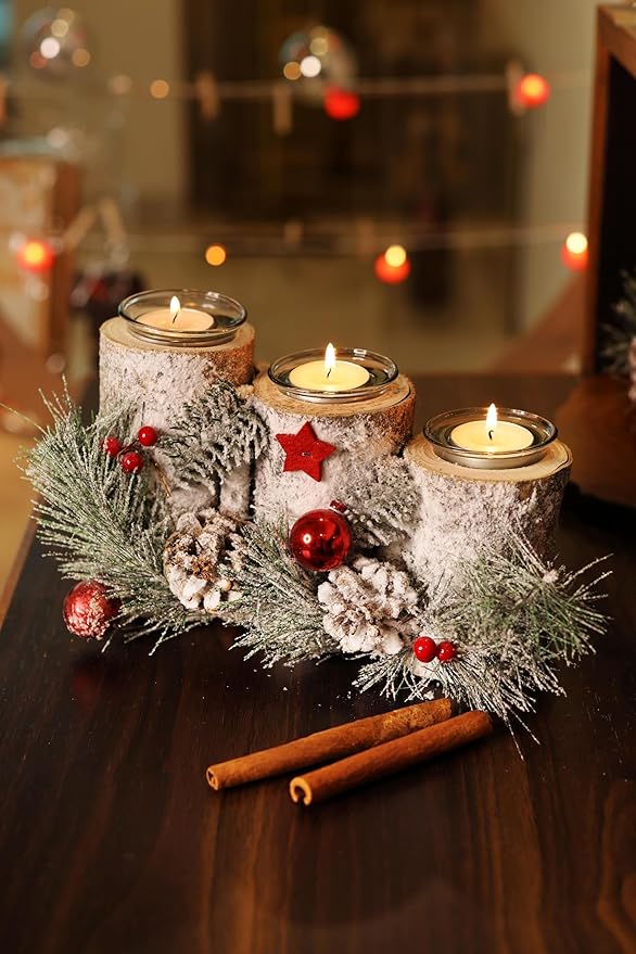 LABZIO Rustic Log-Style Christmas Tree Candle Holder - Snow Frosted Pinecones, Red Baubles & Star Accent - Triple Glass Jar Centerpiece for Tea Lights - Holiday Table Decor