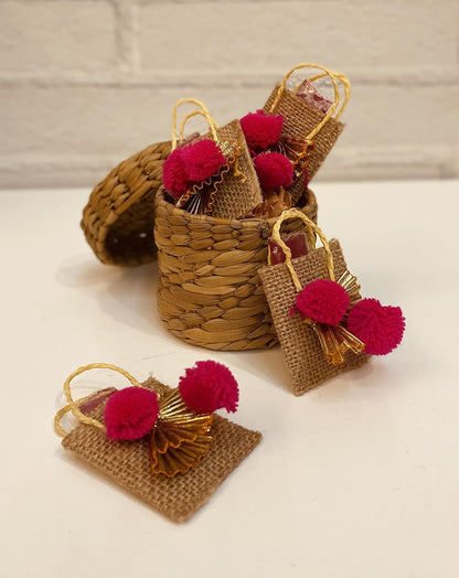 LABZIO Roli Chawal Bags for Tikka — Handmade Jute Small Sqaure Bags / Potli | Decorated with Pom Pom | Perfect for Rakhabandhan , Bhai Dooj and Other Occasion / Festivals | Pack of 4
