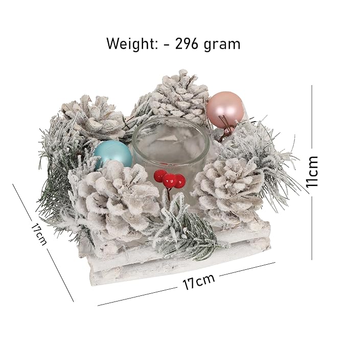 LABZIO Christmas Tree Candle Holder Centerpiece - Snow Frosted Pinecone & Berry Decoration with Glass Jar for Tea Light or Votive Candles - Festive Holiday Table Decor