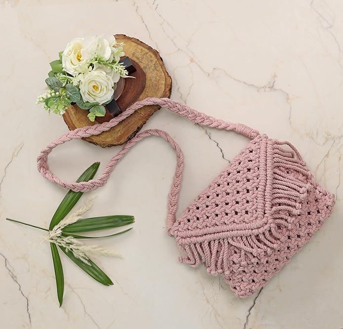 LABZIO Handcrafted Macrame Crossbody Bag with Fringe | Boho Chic 100% Cotton | Lightweight and Eco-Friendly