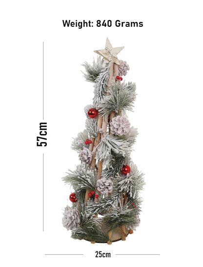 LABZIO Snow Frosted Christmas Tree - 57 CM Elegant Tabletop Decor with Pinecones, Red Berries, and Wooden Frame - Perfect for Holiday Tree Display in Home, Office, or Party