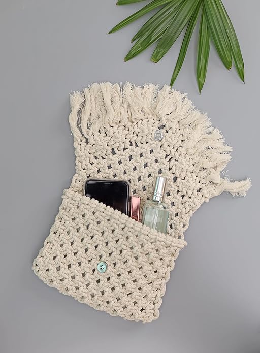 LABZIO Handcrafted Macrame Crossbody Bag with Fringe | Boho Chic 100% Cotton | Lightweight and Eco-Friendly | Available in Mint Green | Off-White | Blush Pink