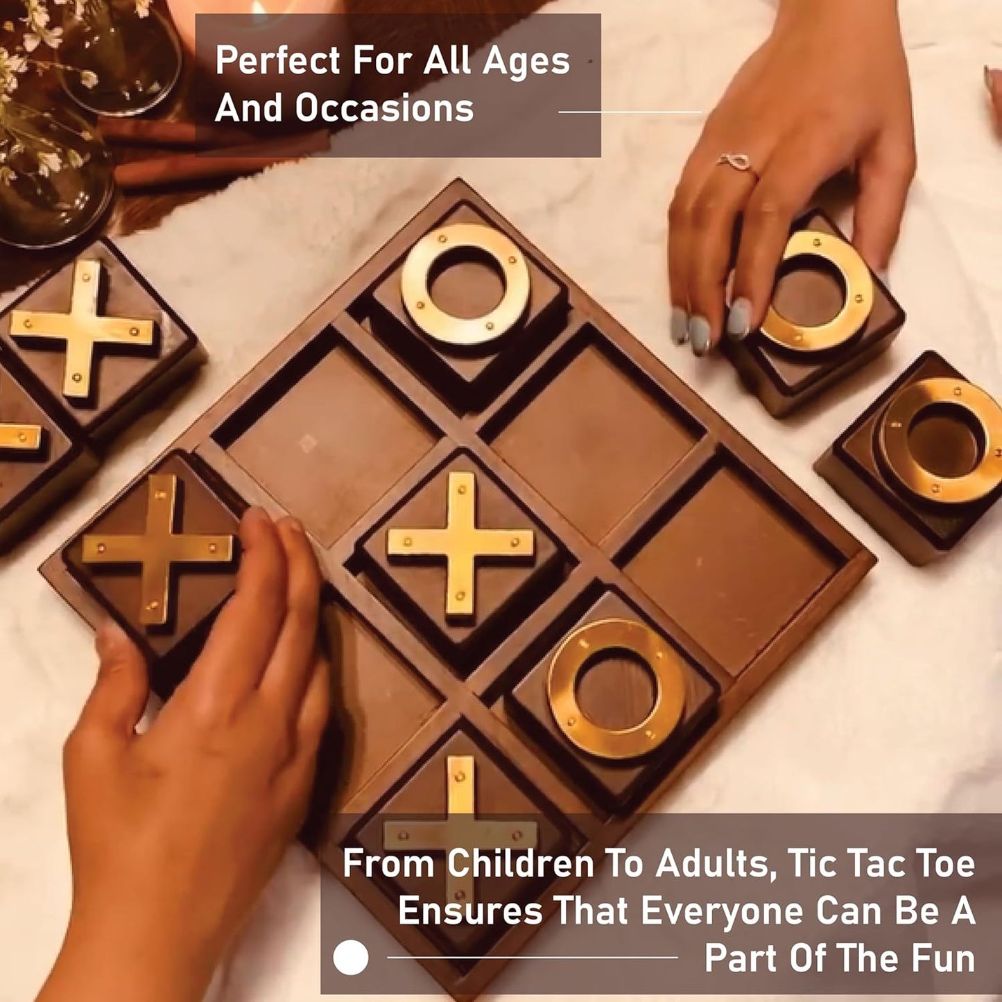LABZIO Premium Wooden Tic-Tac-Toe Board Game | Handcrafted Board with 9 Brass Symbols | Classic Indoor Outdoor Party Toy for Kids & Adults | Fun Entertainment & Coffee Table Home Decor Set