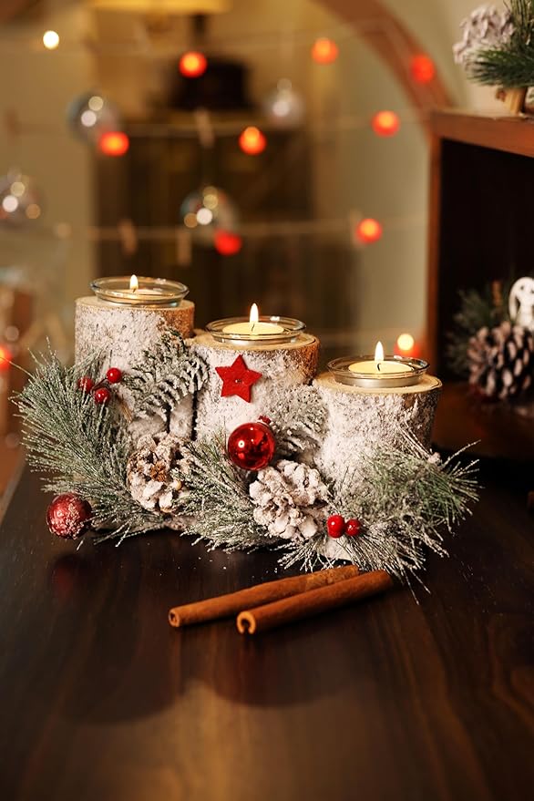 LABZIO Rustic Log-Style Christmas Tree Candle Holder - Snow Frosted Pinecones, Red Baubles & Star Accent - Triple Glass Jar Centerpiece for Tea Lights - Holiday Table Decor