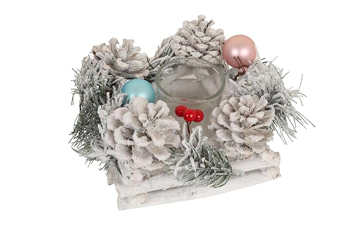 LABZIO Christmas Tree Candle Holder Centerpiece - Snow Frosted Pinecone & Berry Decoration with Glass Jar for Tea Light or Votive Candles - Festive Holiday Table Decor