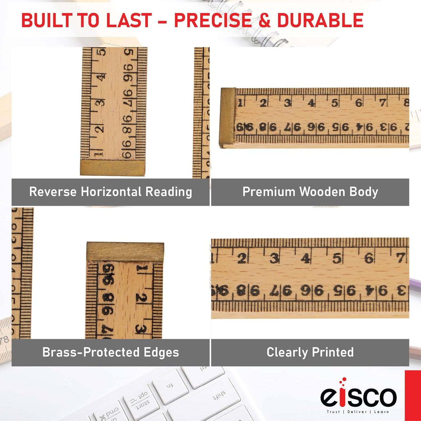 EISCO Premium One Meter (100cm) Wooden Scale(ruler) With Brass Ends For Strong Protected Edges, Horizontal Reading In Reverse On Each End, Pack of 2