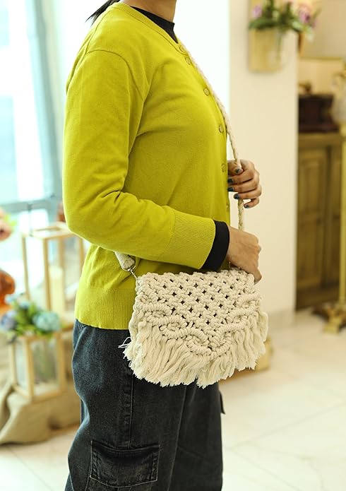 LABZIO Handcrafted Macrame Crossbody Bag with Fringe | Boho Chic 100% Cotton | Lightweight and Eco-Friendly | Available in Mint Green | Off-White | Blush Pink